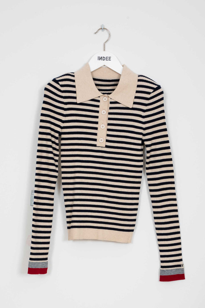 WALLABY FITTED STRIPED POLO COLLAR PULLOVER - NAVY