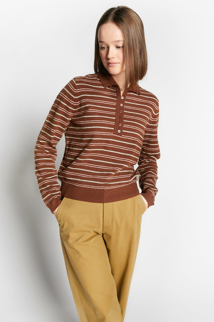 WEBCAM STRIPED PULLOVER WITH BUTTONS - COFFEE