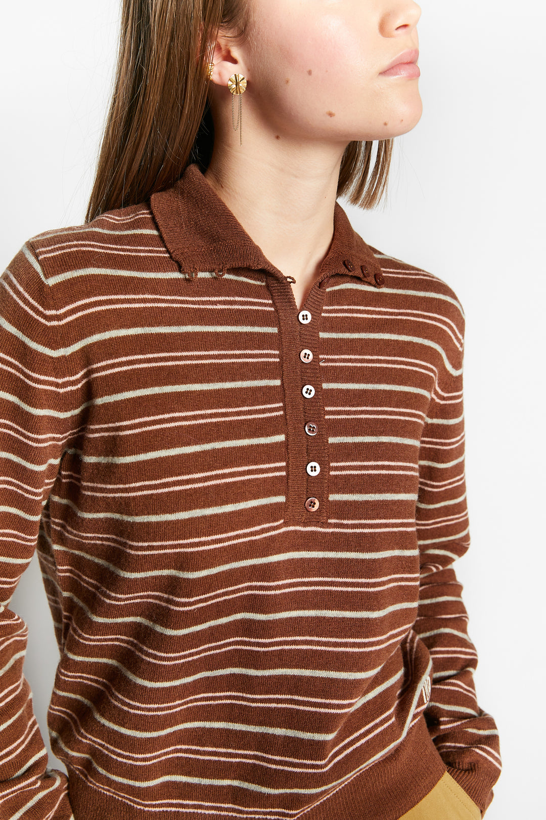 WEBCAM STRIPED PULLOVER WITH BUTTONS - COFFEE