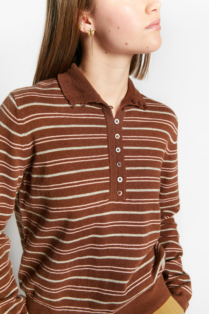 WEBCAM STRIPED PULLOVER WITH BUTTONS - COFFEE