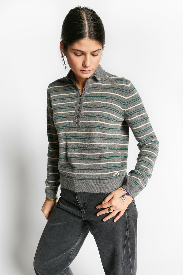 WEBCAM STRIPED PULLOVER WITH BUTTONS - GREY