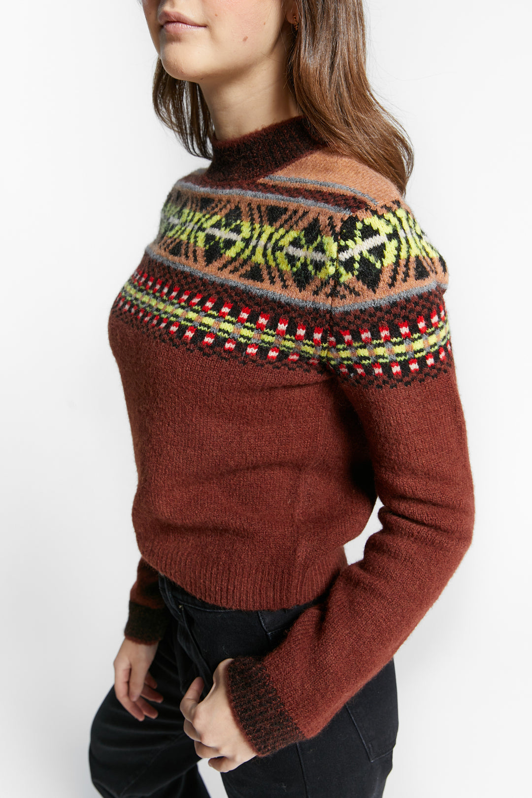 WESTERN JAQUARD PATTERN PULLOVER - COFFEE