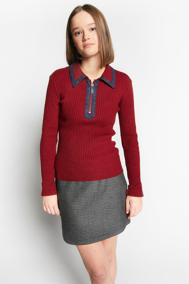 WINGFOIL POLO COLLAR PULLOVER W/ FAKE SUEDE DETAILS - MERLOT RED