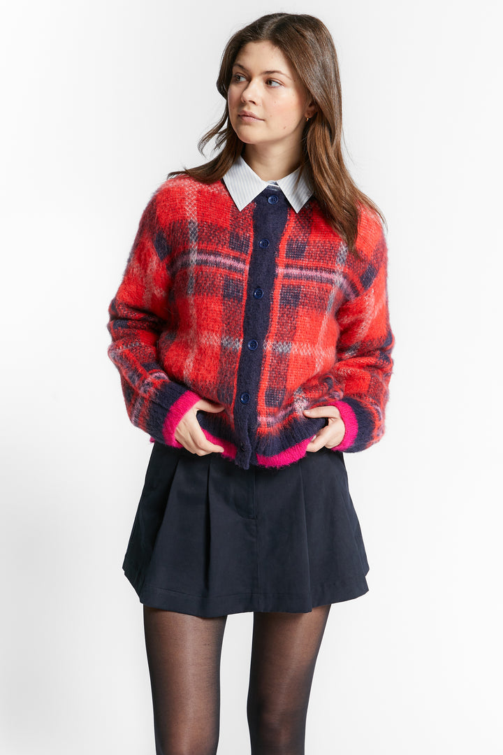WINNIE BRUSCHED CHECKS PATTERN CARDIGAN - MERLOT RED