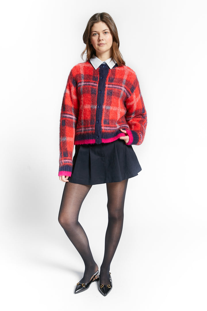 WINNIE BRUSCHED CHECKS PATTERN CARDIGAN - MERLOT RED