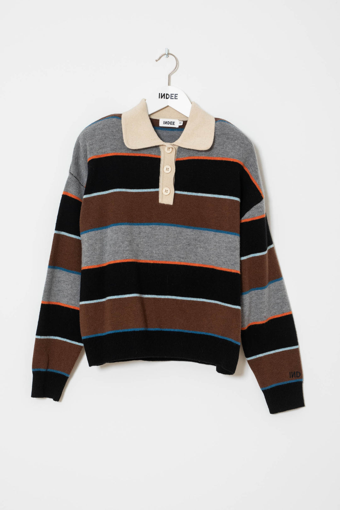WISHES MULTICOLORED STRIPED POLO COLLAR PULLOVER - COFFEE