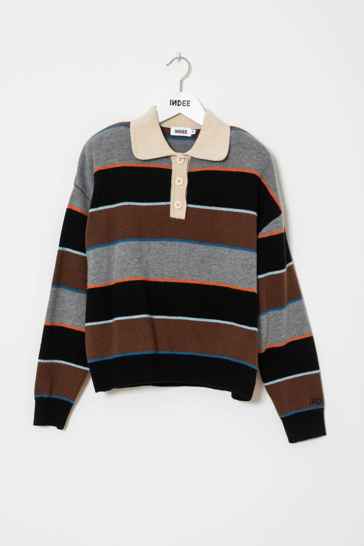 WISHES MULTICOLORED STRIPED POLO COLLAR PULLOVER - COFFEE