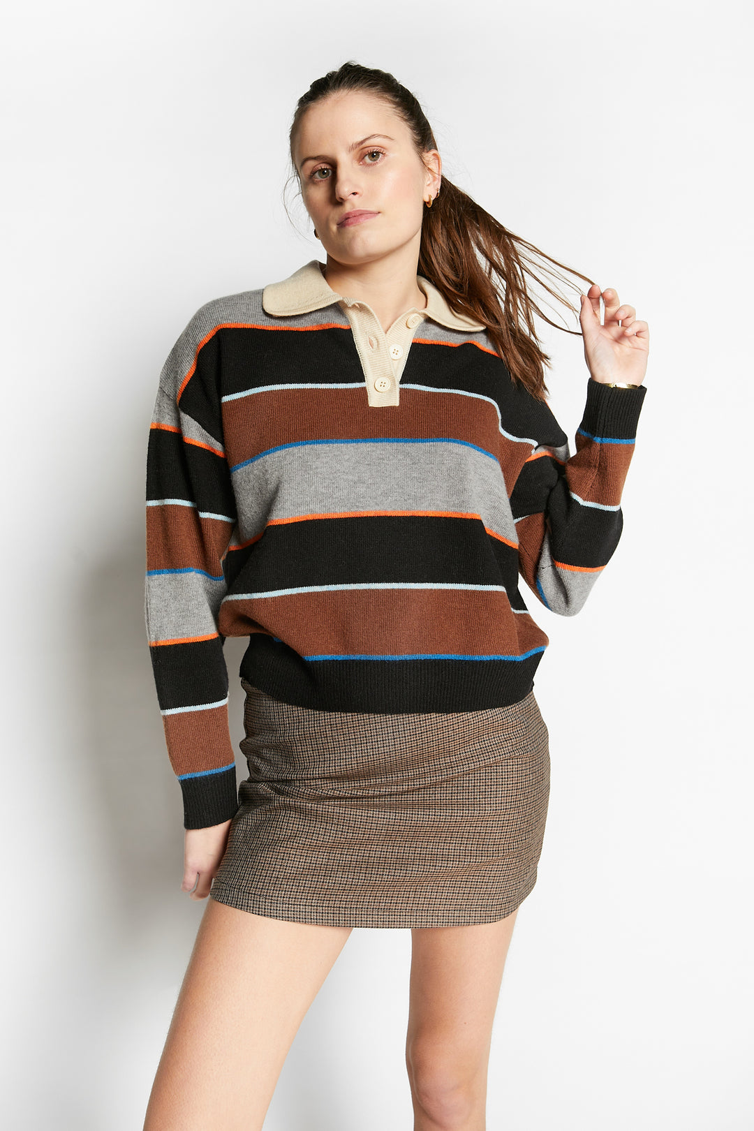 WISHES MULTICOLORED STRIPED POLO COLLAR PULLOVER - COFFEE