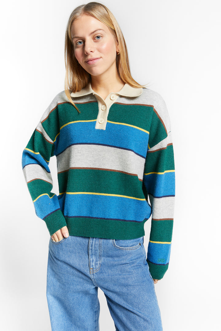 WISHES MULTICOLORED STRIPED POLO COLLAR PULLOVER - GREEN