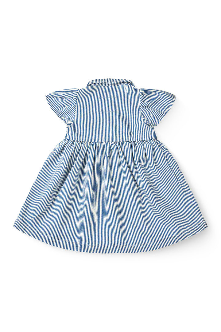 261-111-501 Y/D STRIPE DRESS W. FRILL SLEEVES - DENIM BLUE STRIPE