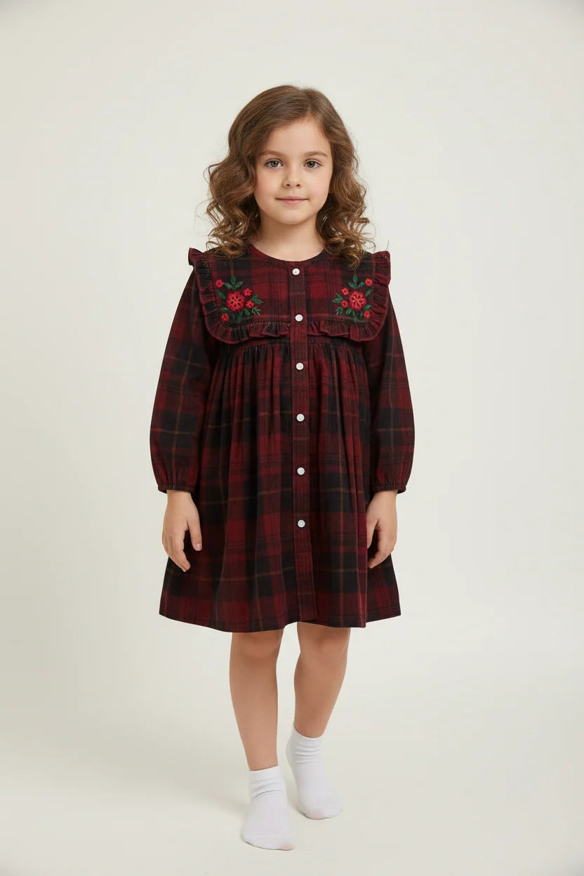 YB3261 Holly Corduroy Hand-Embroidered Sailor Collar Shirt Dress Red