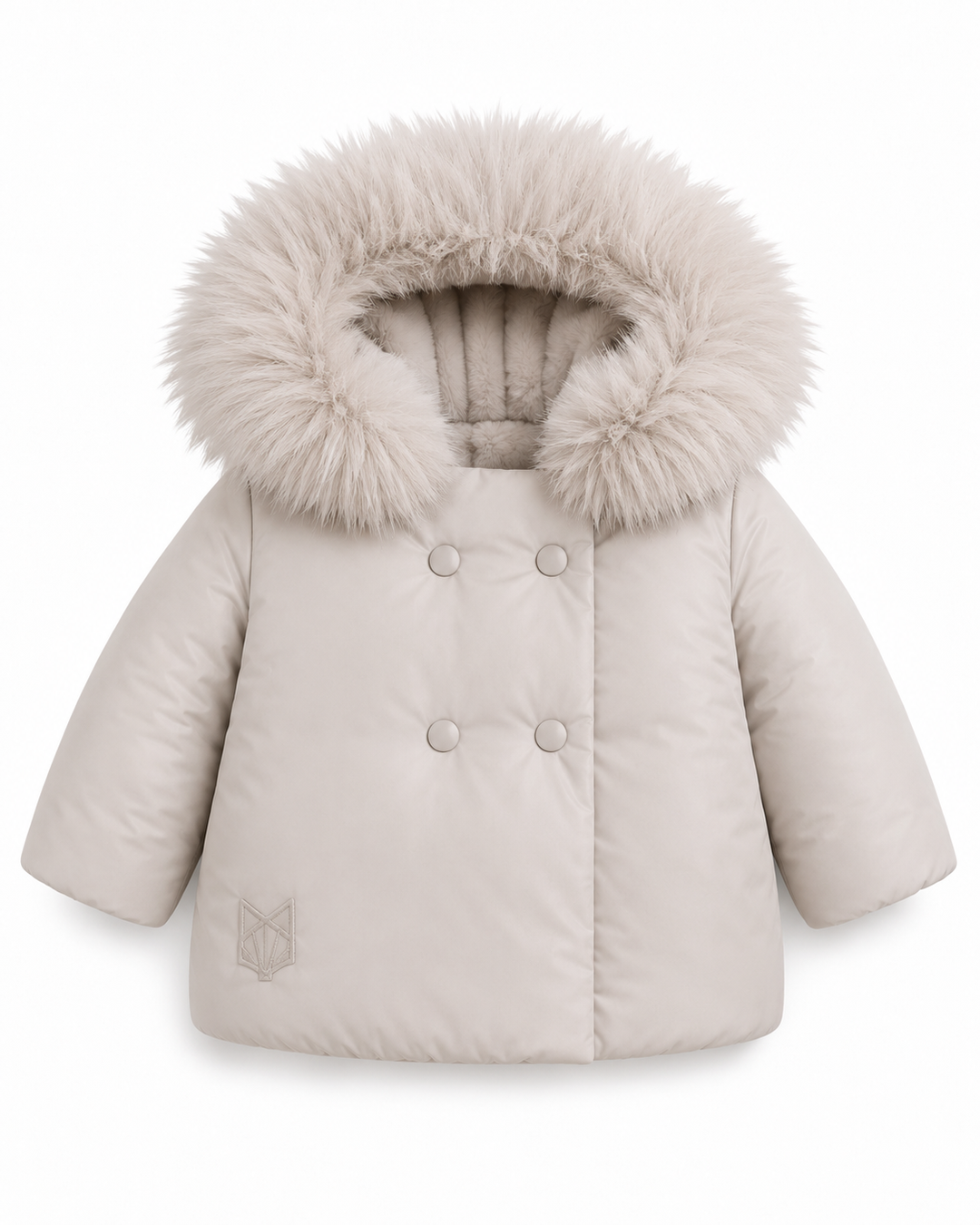 B3 Oat Double-Breasted Fur Trimmed Hooded Unisex Baby Down Coat - BEIGE
