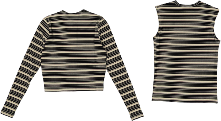 RVS622T-A-Cropped Ribbed Twin Set- Striped- Black And Cream