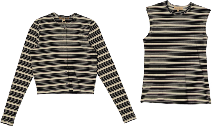 RVS622T-A-Cropped Ribbed Twin Set- Striped- Black And Cream