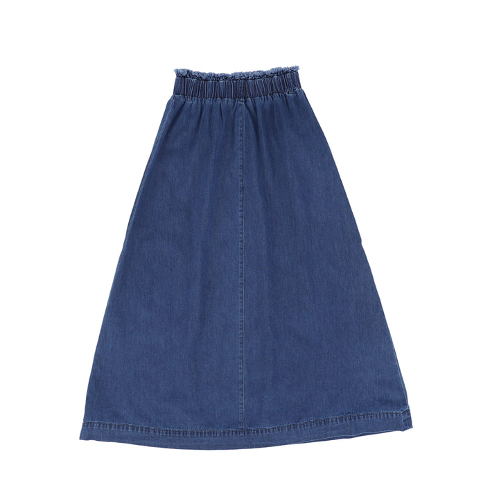 C-19215-Denim Fringe Waist Maxi Skirt -Denim