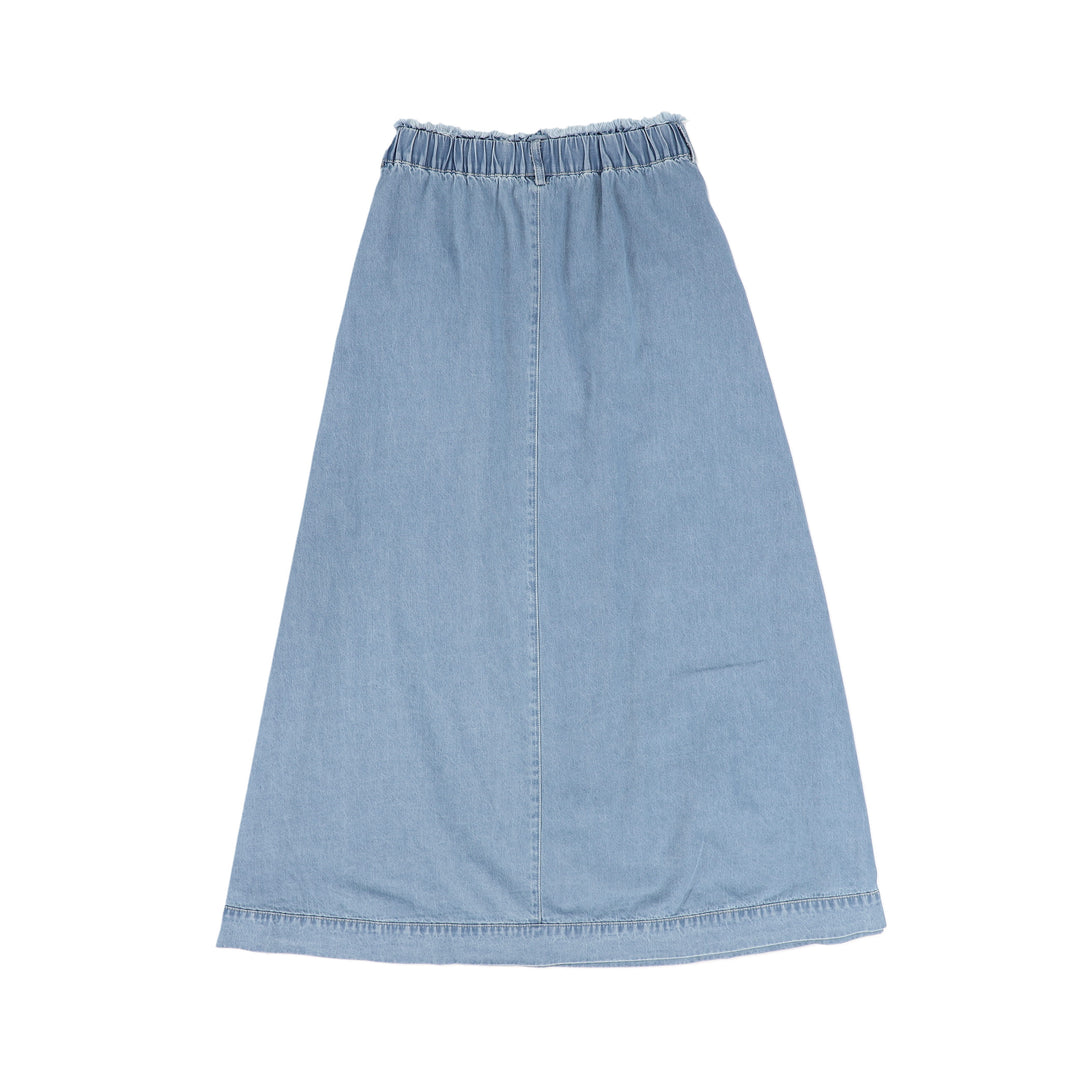 C-19215-Denim Fringe Waist Maxi Skirt -LT Blue Denim