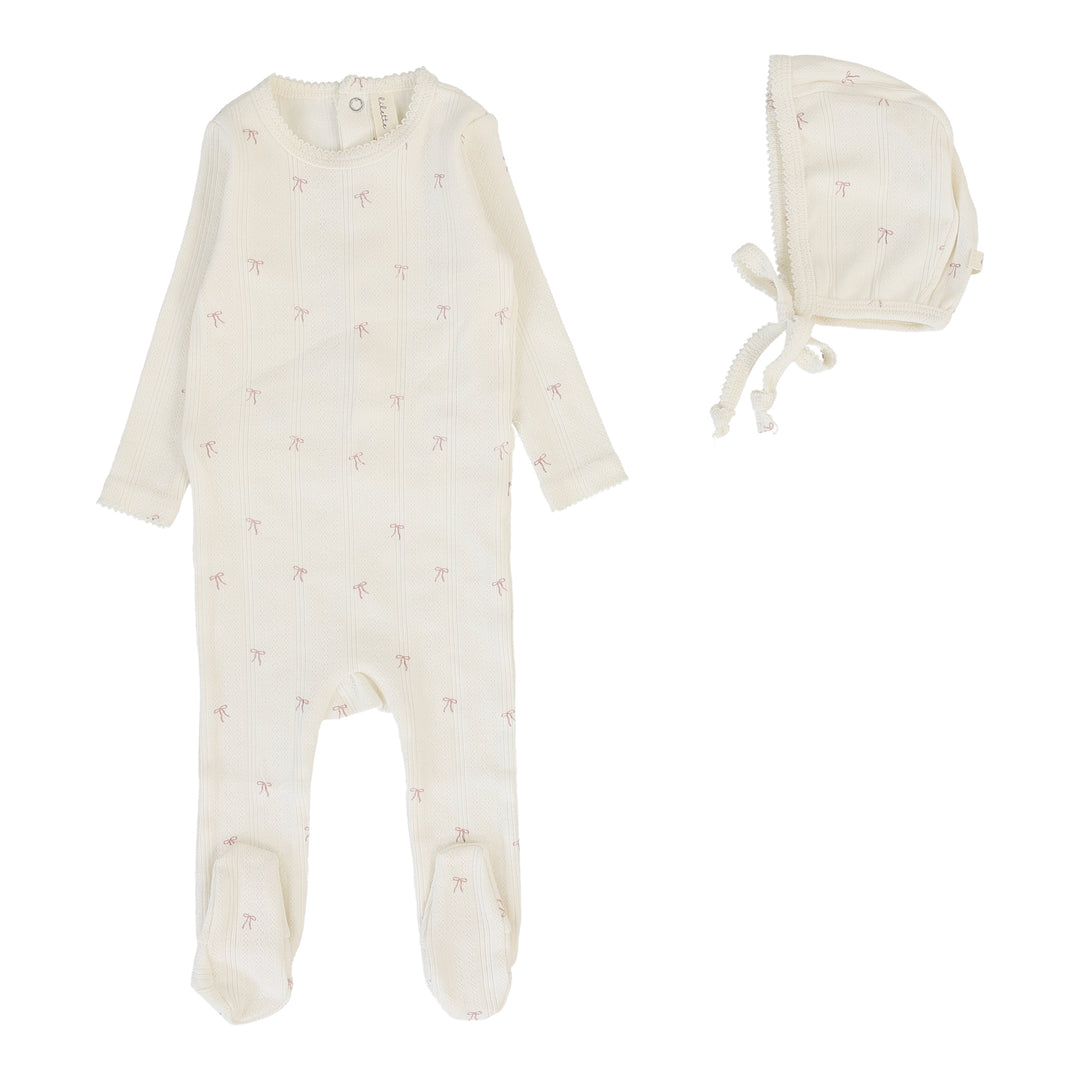 Printed Pointelle Footie Set-Cream/Pink Bow