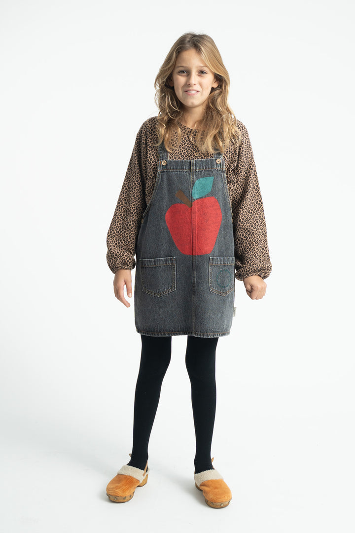 MN2615 SHORT DRESS W/ STRAPS - WASHED BLACK DENIM W/ APPLE PRINT