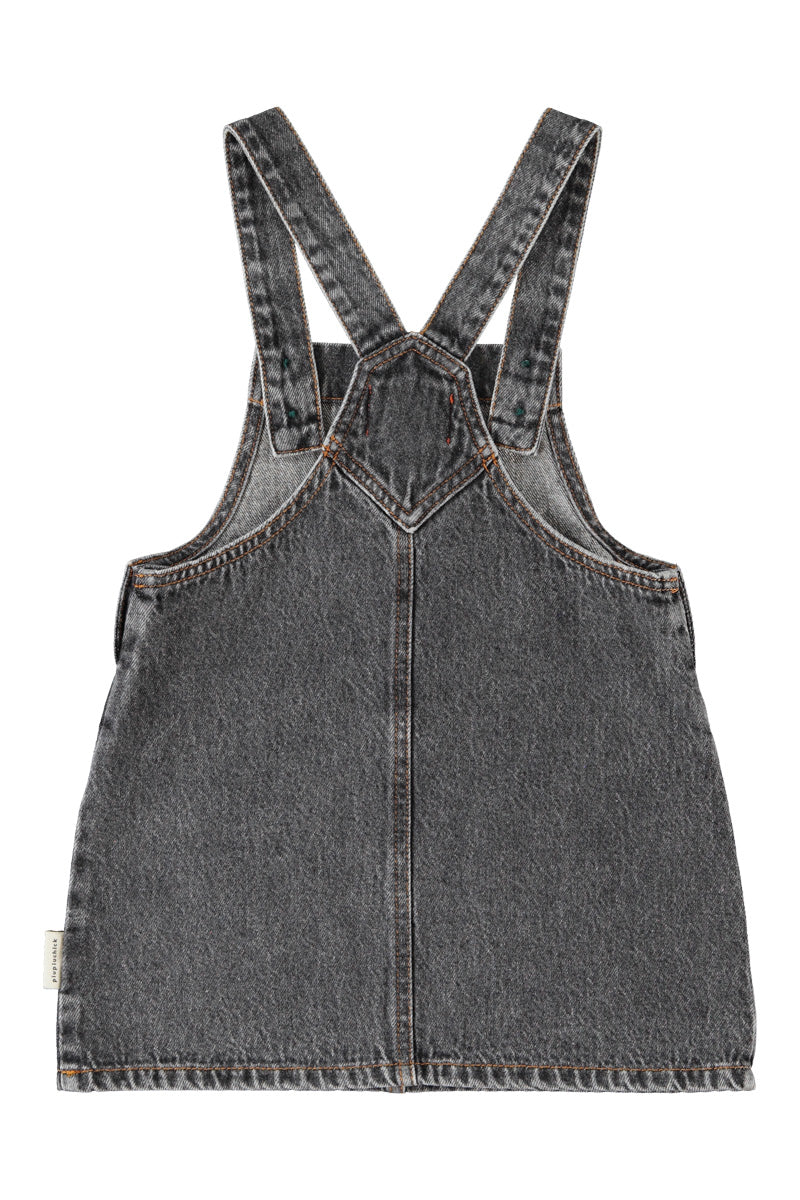 MN2615 SHORT DRESS W/ STRAPS - WASHED BLACK DENIM W/ APPLE PRINT