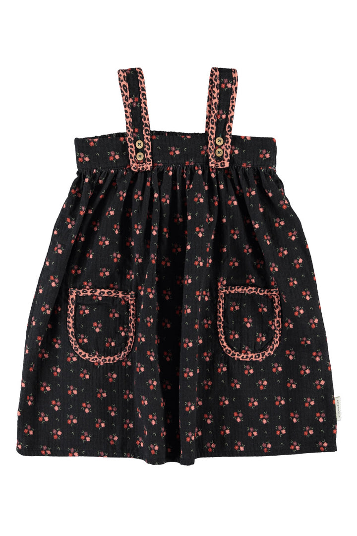 MN2614USA KNEE-LENGTH DRESS W/ STRAPS - BLACK W/ FLOWERS