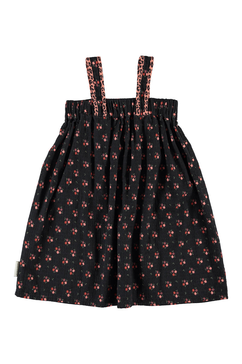 MN2614USA KNEE-LENGTH DRESS W/ STRAPS - BLACK W/ FLOWERS