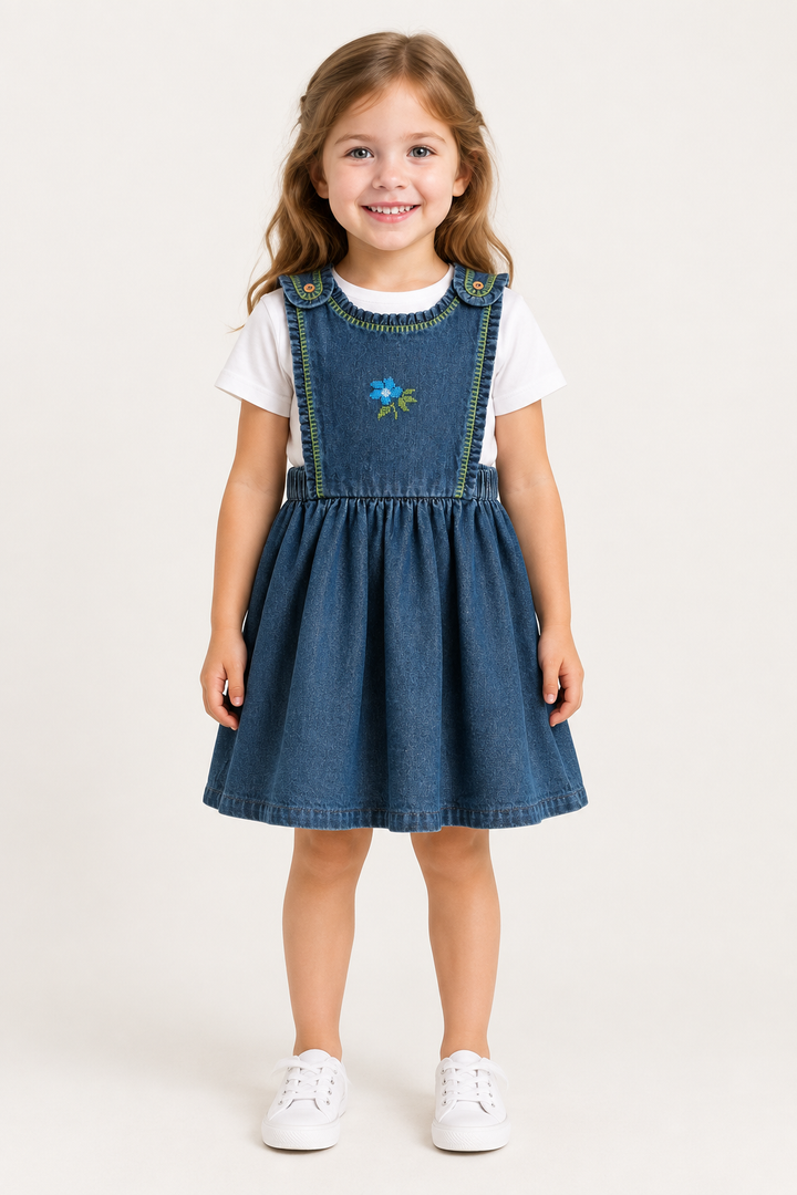 Girl wearing the denim embroidered apron dress
