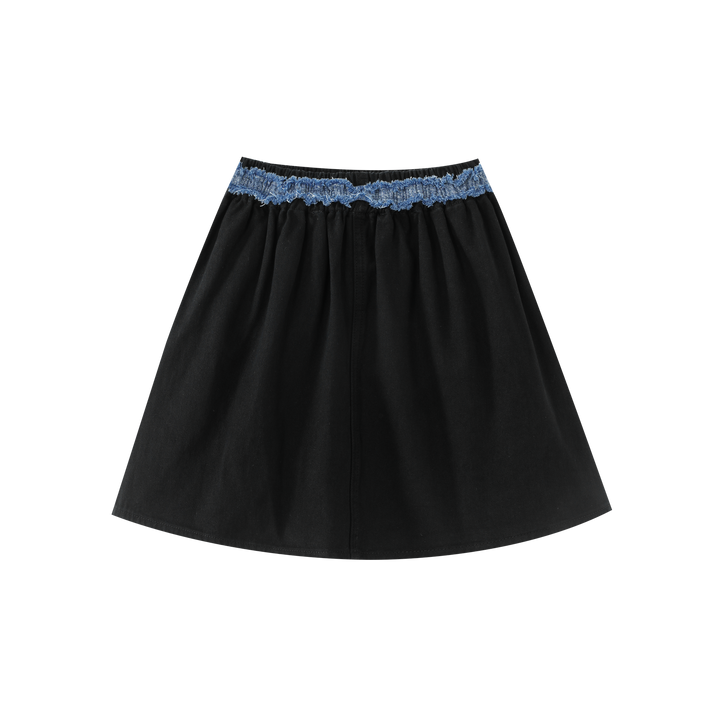 CIRCLE SKIRT WITH CONTRASTING SMOCKED WAIST-BLACK