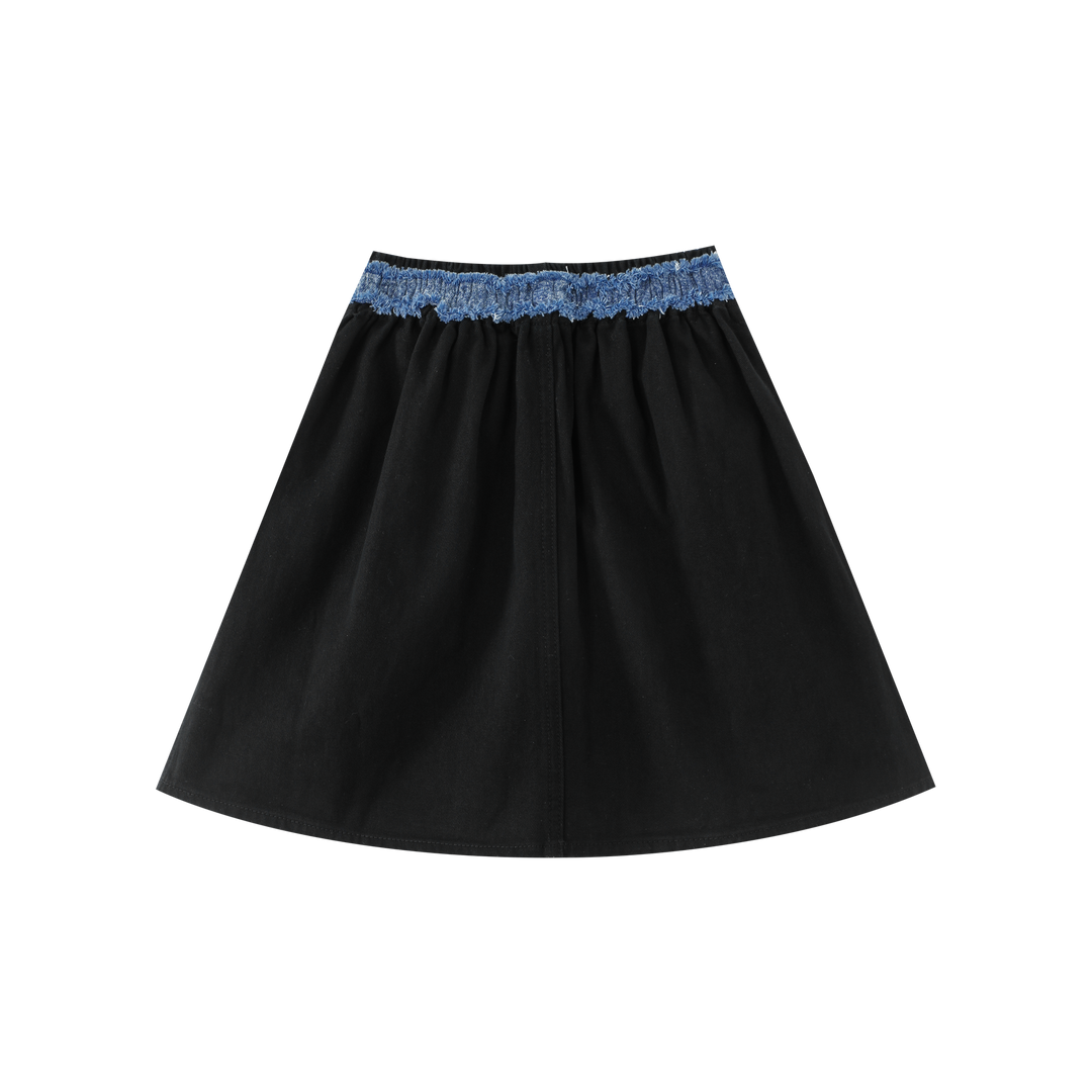 CIRCLE SKIRT WITH CONTRASTING SMOCKED WAIST-BLACK