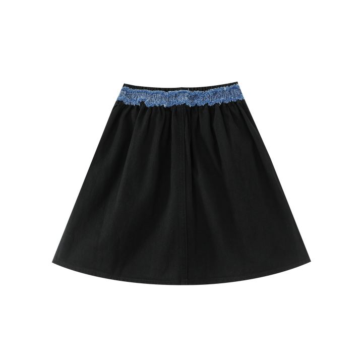 CIRCLE SKIRT WITH CONTRASTING SMOCKED WAIST-BLACK