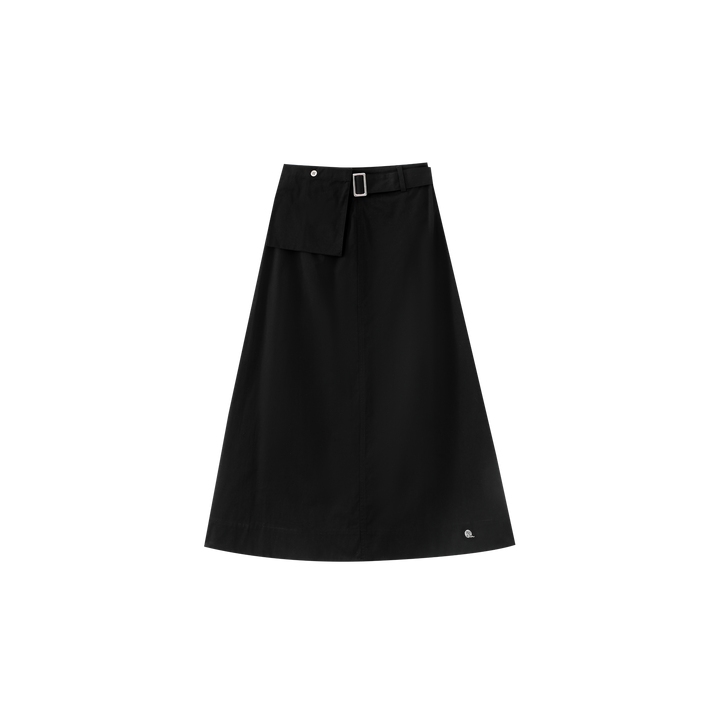 MIDI SKIRT WITH BUCKLE BELT-BLACK