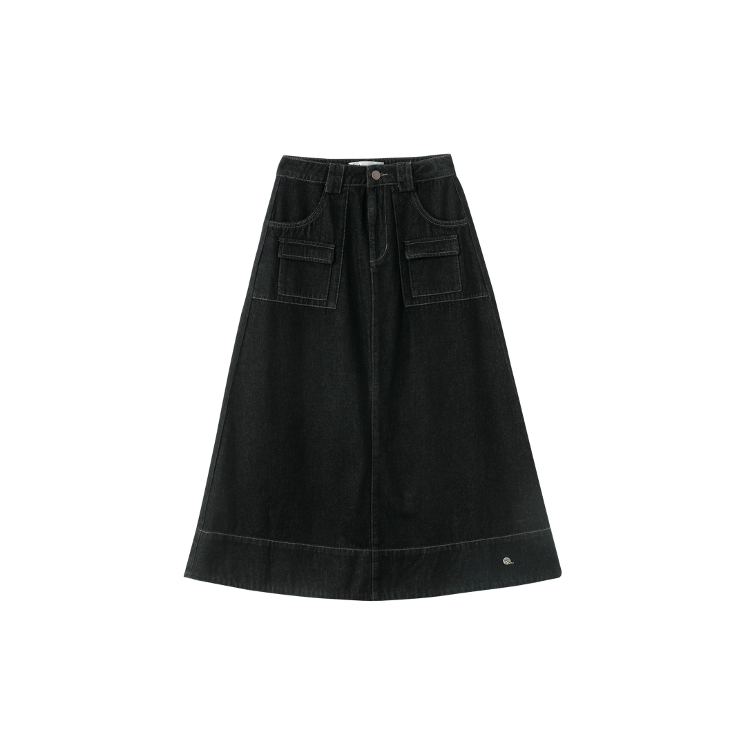 MIDI SKIRT WITH POCKETS-BLACK DENIM PASTEL