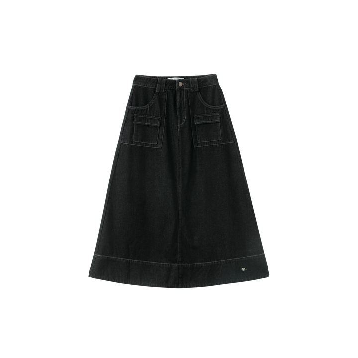 MIDI SKIRT WITH POCKETS-BLACK DENIM PASTEL