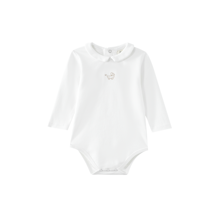 COLLARED ONESIE WITH CARRIAGE EMBROIDERY-WHITE