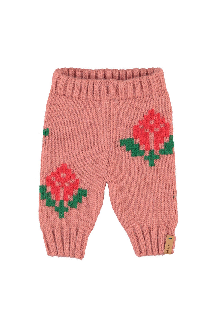 TRC2602A KNITTED BABY LEGGINGS - OLD PINK W/ FLOWERS