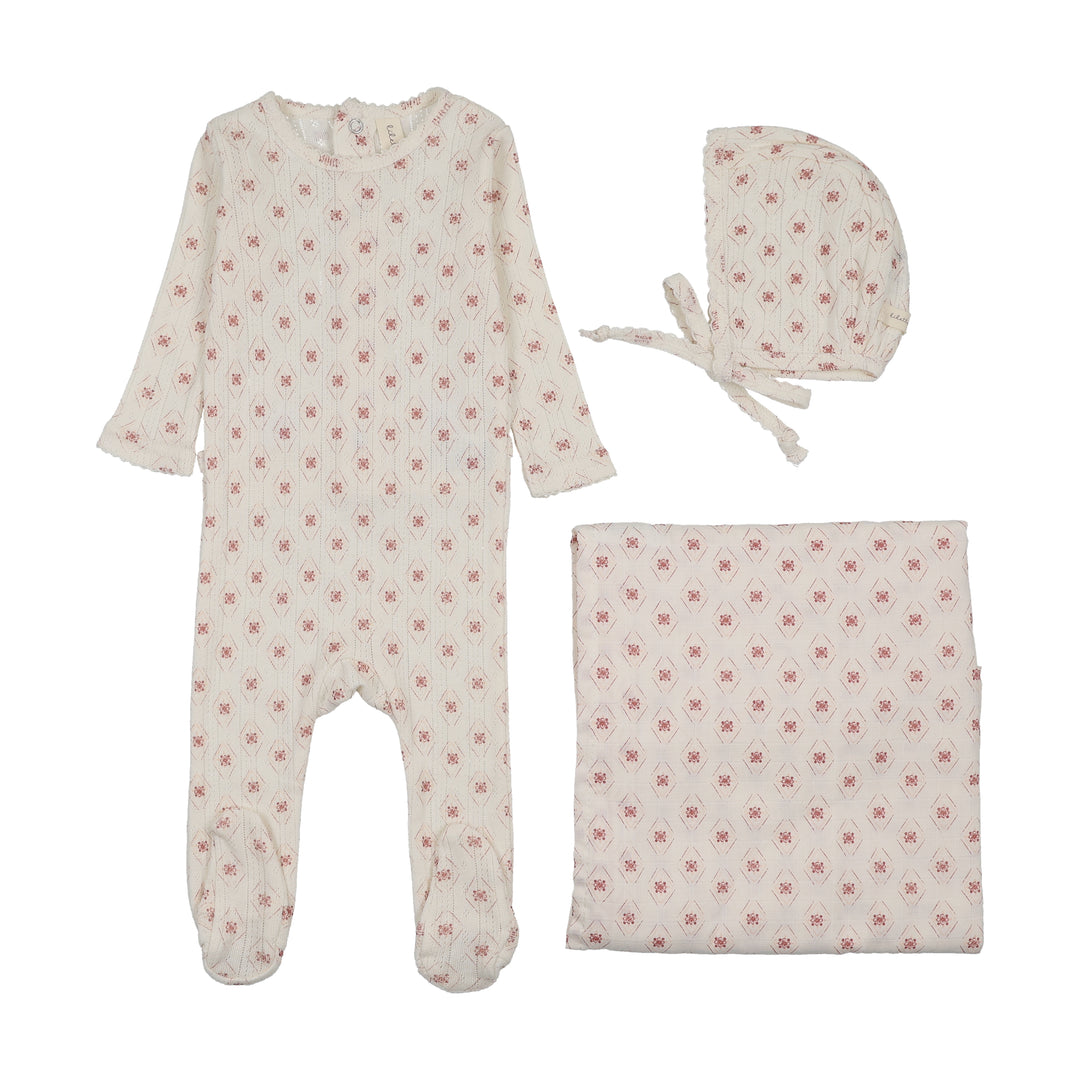 Geo Floral Printed Layette Set-Cream/Pink