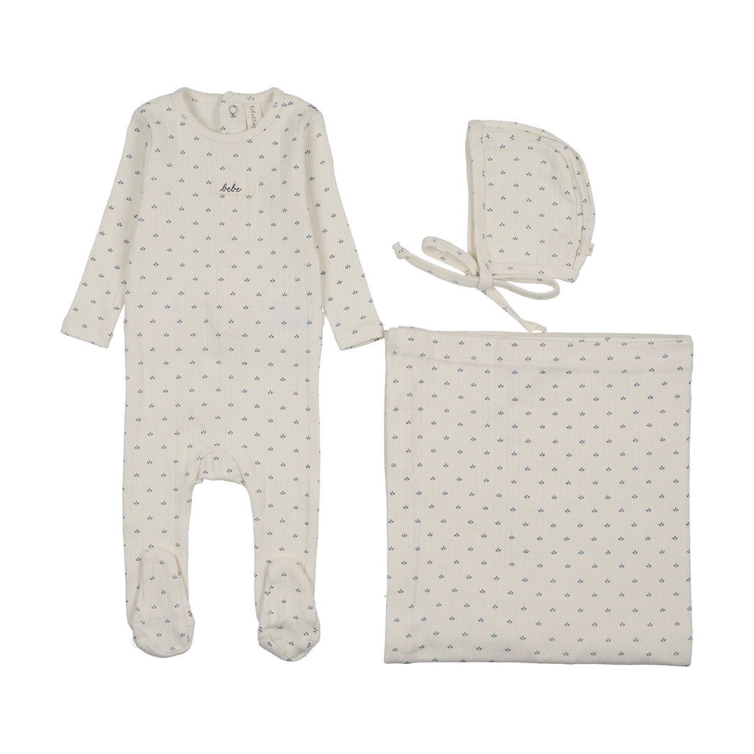 Floret Print Layette Set-Cream/Blue