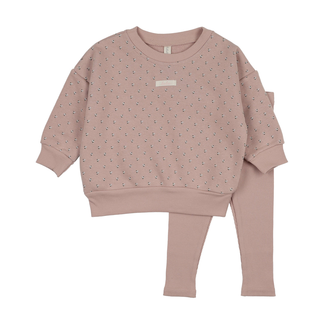 Floret Print Sweatshirt Set-Dusty Pink