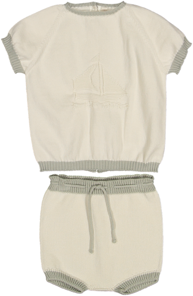 6427/6728-EMBROIDERED KNIT TOP SHORTS SET-Cream/Apple