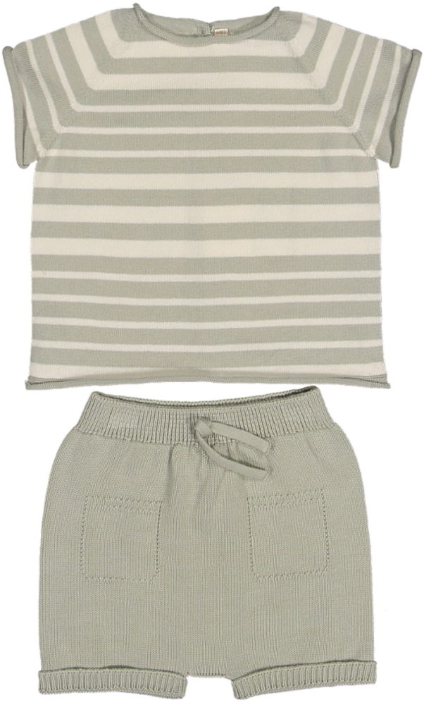 6722/6723-IRREGULER STRIPED KNIT TEE/SHORTS SET-Apple