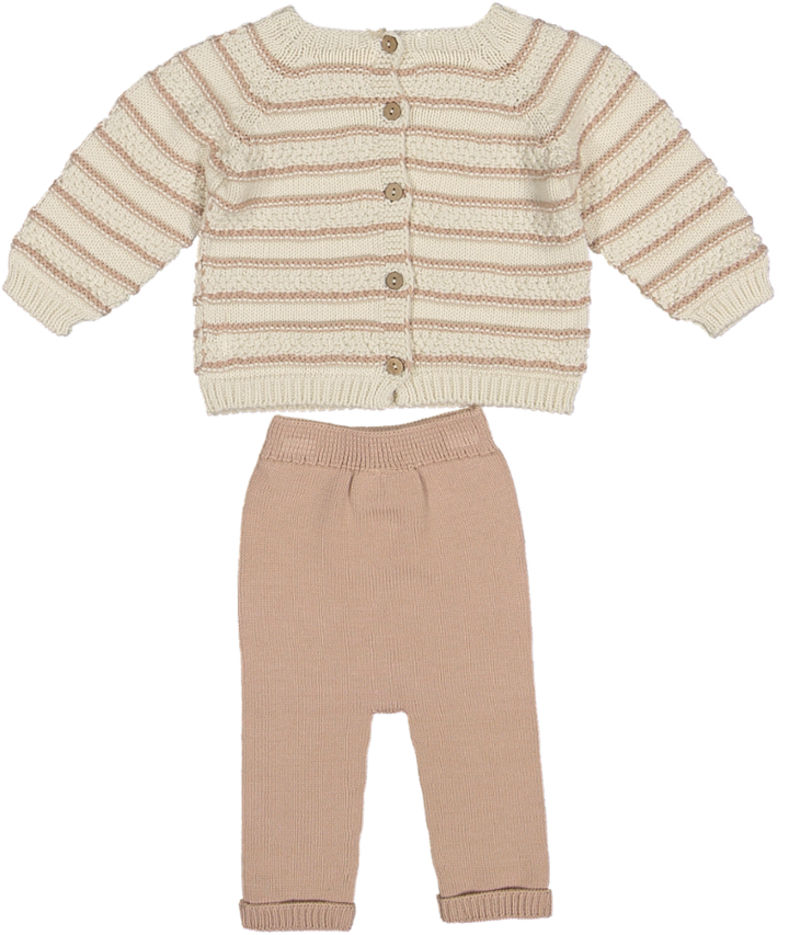 6743/10-CONTRASTING STRIPED KNIT SWEATER/PANTS-Cream/Candy
