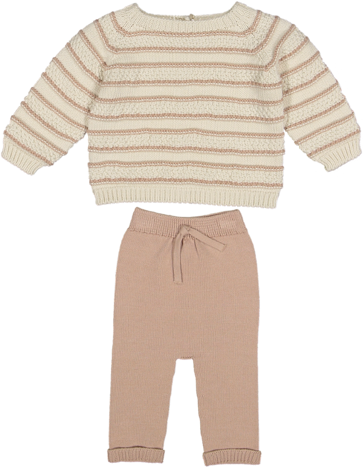 6743/10-CONTRASTING STRIPED KNIT SWEATER/PANTS-Cream/Candy