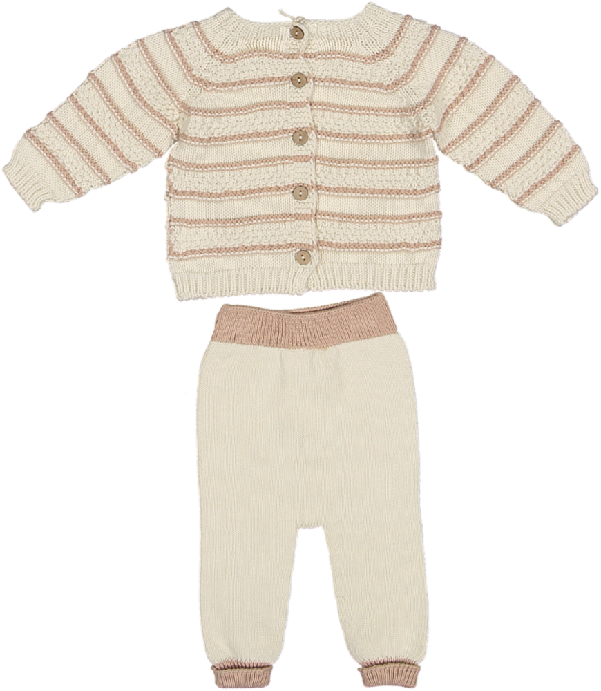 6743/45-CONTRASTING STRIPED KNIT SWEATER/TROUSERS-Cream/Candy