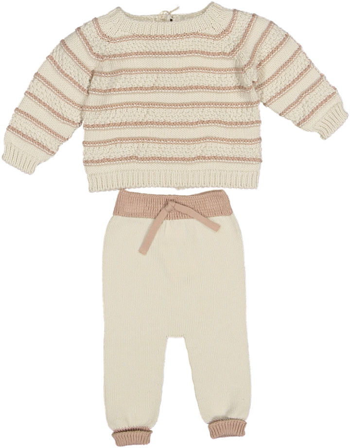 6743/45-CONTRASTING STRIPED KNIT SWEATER/TROUSERS-Cream/Candy