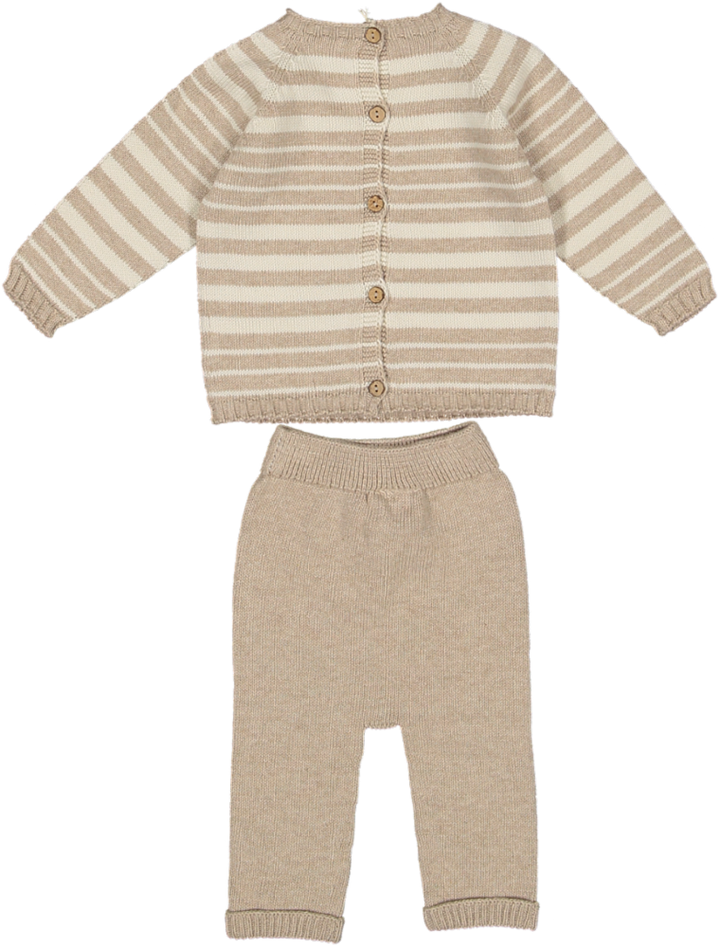 IRREGULAR STRIPED KNIT SWEATER/PANTS SET-Cream toasted