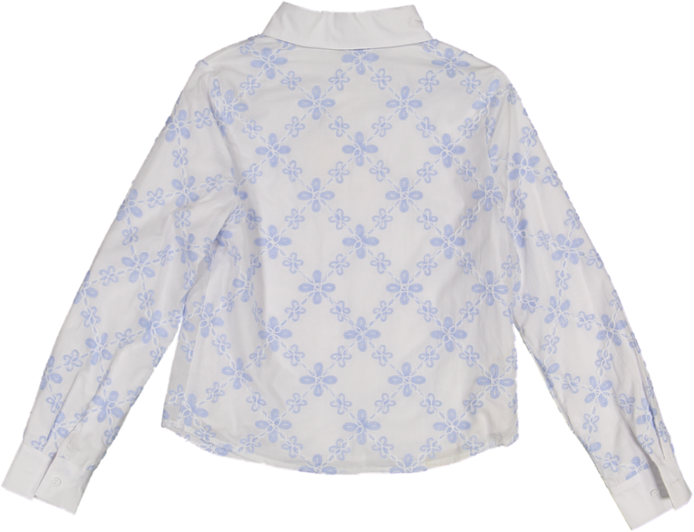 WWS51630T-Blue And White Embroidered Floral Blouse