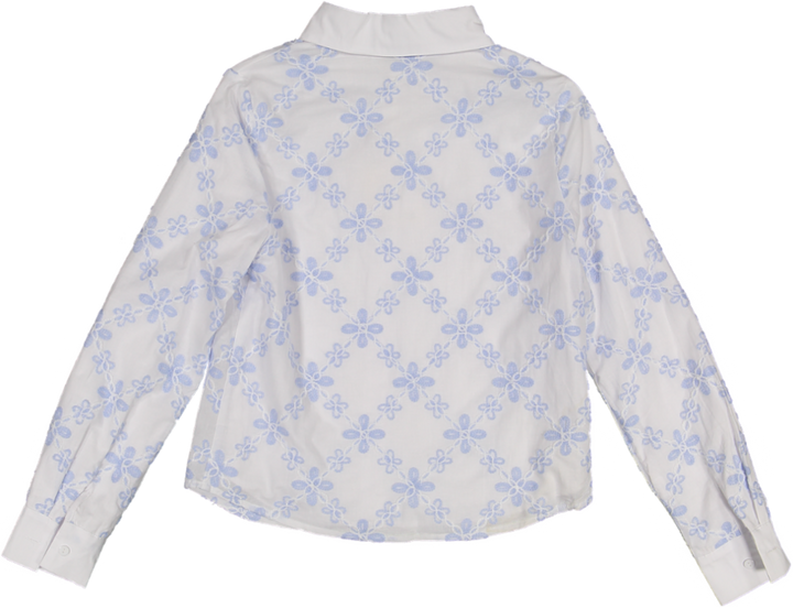 WWS51630T-Blue And White Embroidered Floral Blouse