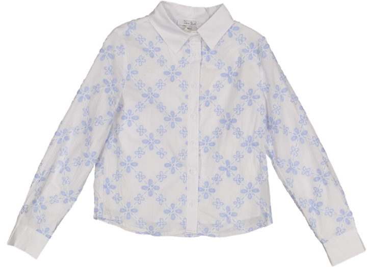 WWS51630T-Blue And White Embroidered Floral Blouse