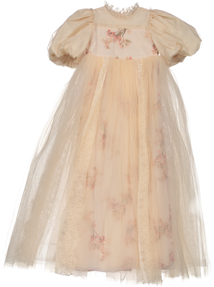 1260B ELBOW-Elbow Slv Blush Orchid Tulle Gown-Blush Orchid Print 3/4 sleeve