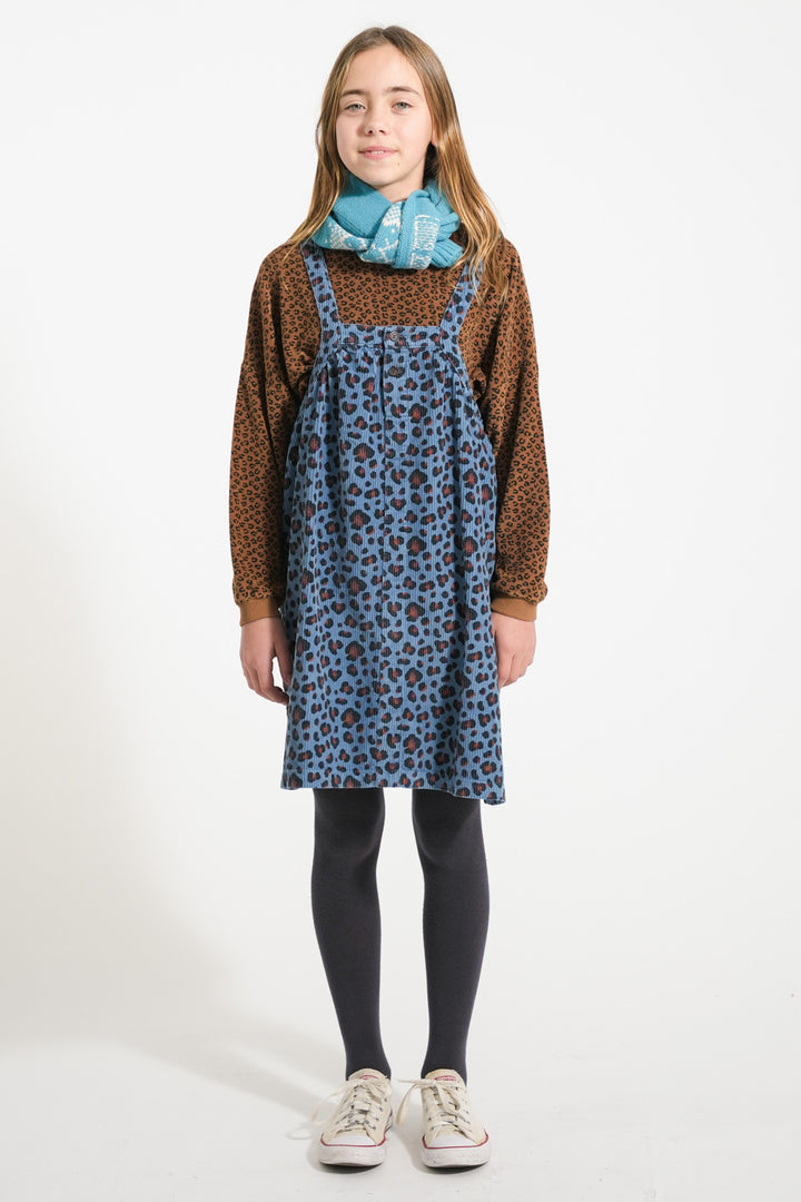 AW25.MN2513A-Short dress w/ straps | Blue w/ animal print-blue| cotton corduroy