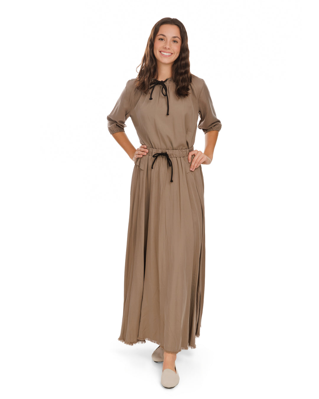 RVS652S-C-Drawstring Waistband Skirt- Fawn